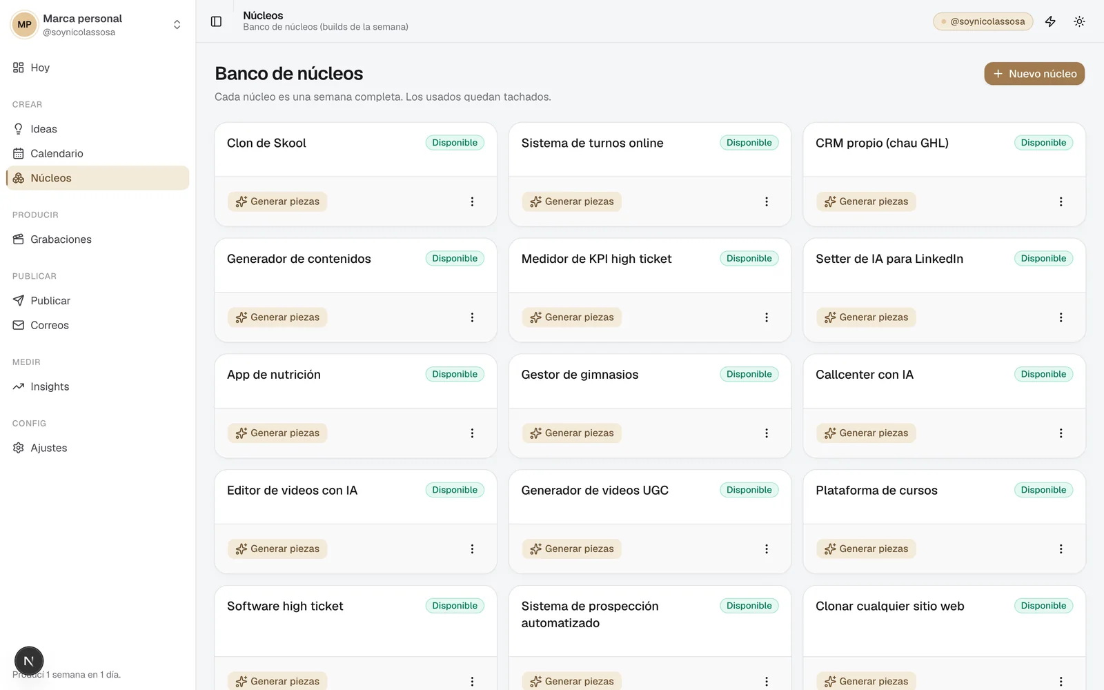 Vista de núcleos del dashboard, con los proyectos que originan el contenido de cada semana
