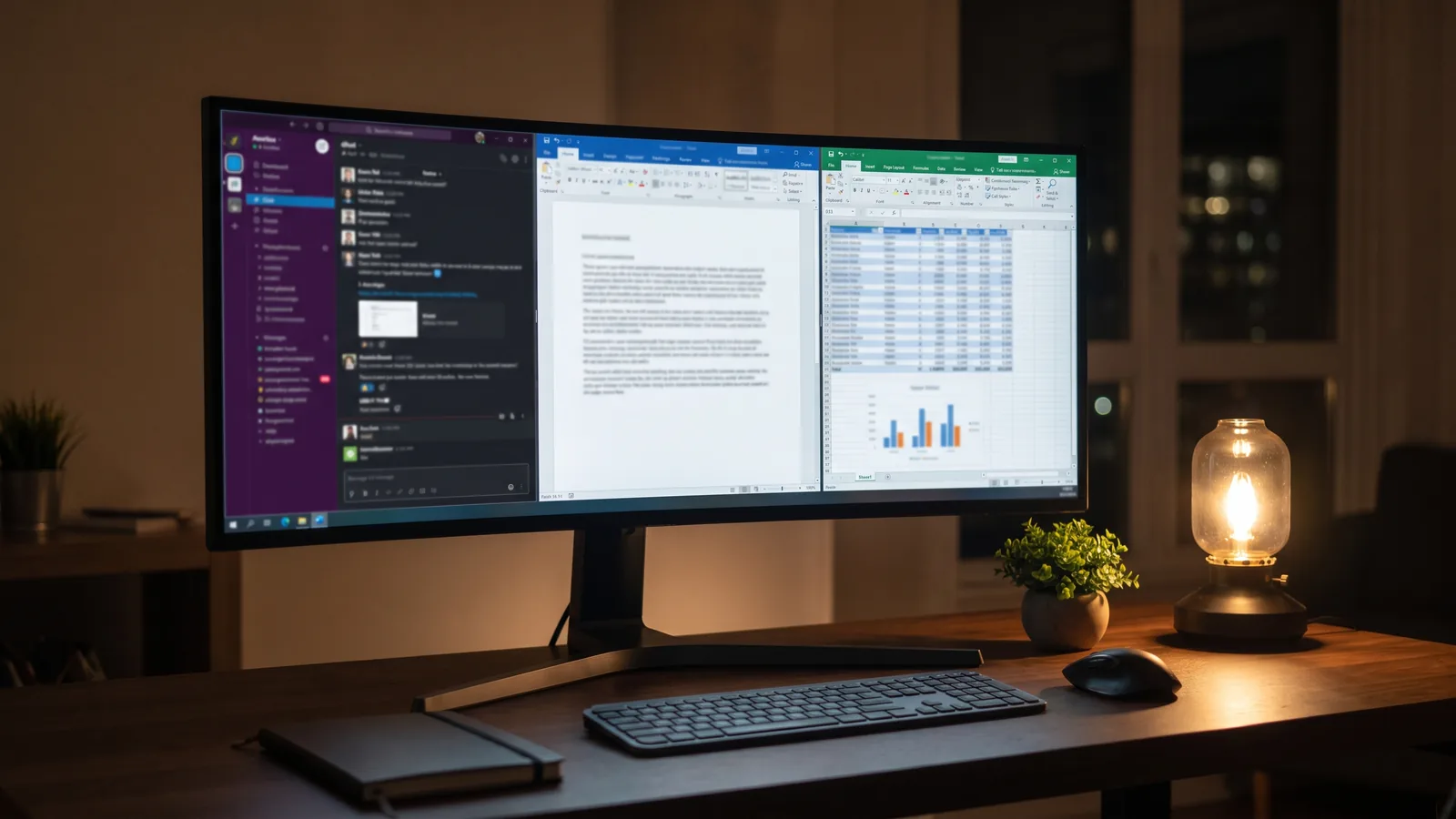 Monitor con chat de IA, documento y planilla abiertos en paralelo, el tipo de trabajo largo donde se comparan Claude y ChatGPT