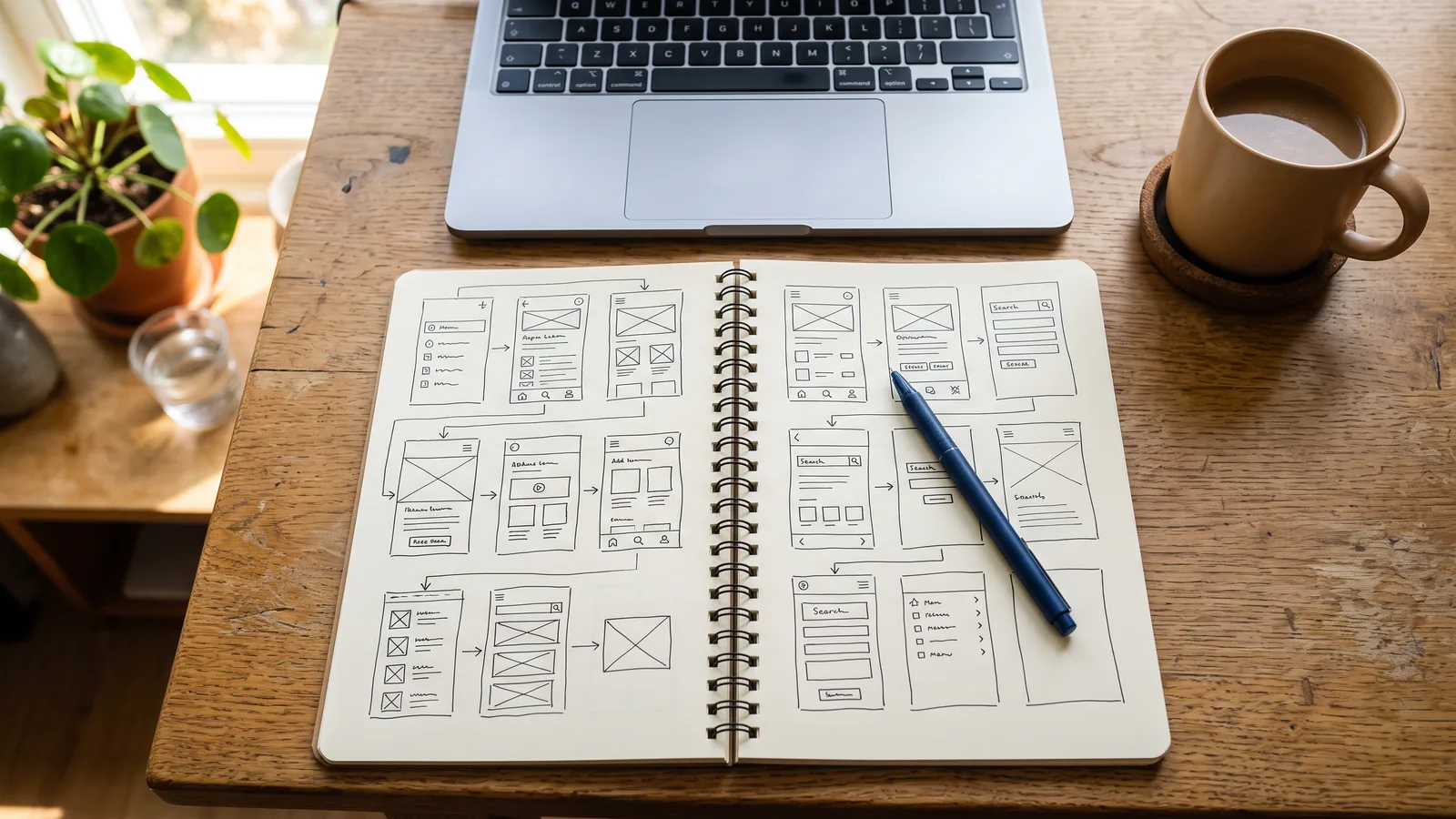Cuaderno con bocetos y wireframes de una landing antes de describirla en Claude Design