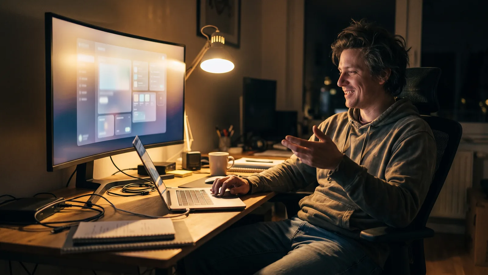 Vibe coding: pantalla con una instrucción en lenguaje natural y el código real que la inteligencia artificial escribe a partir de ella
